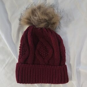 Burgundy Knit Beanie with Faux Fur Pom